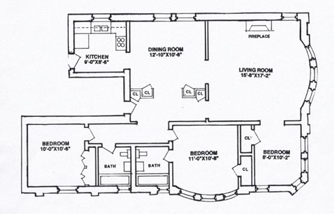 Floor plan for 3 beds, 2 baths, 1177 sqft